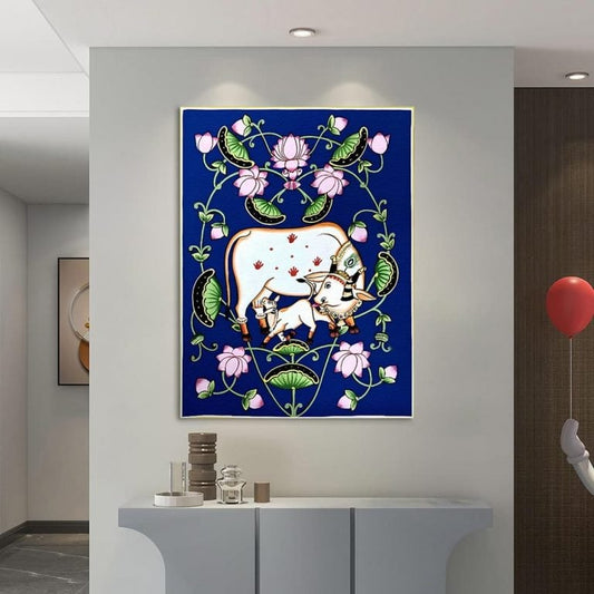 YF Traditional Cow & Calf Lotus Flower Pichwai Painting