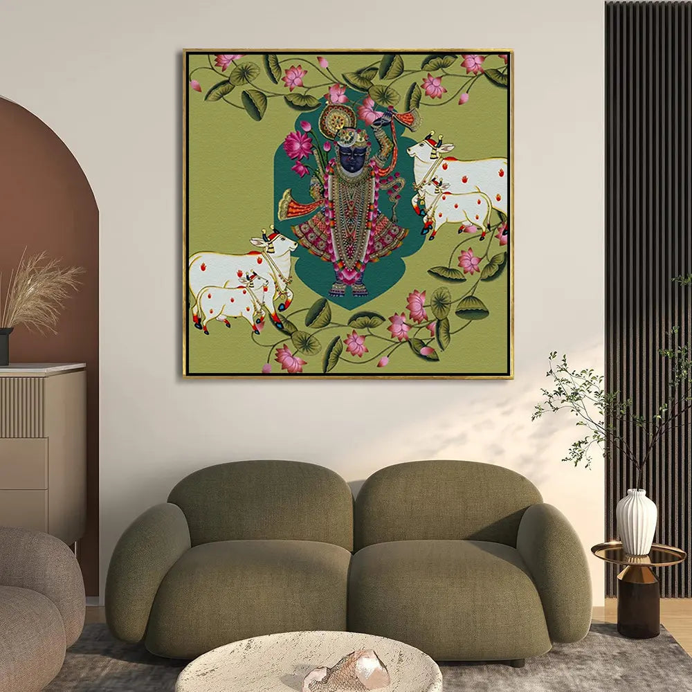 YF Ethnic Lotus Flow Shreenathji with Cow Pichwai Painting