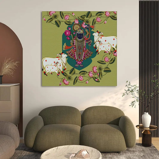 YF Ethnic Lotus Flow Shreenathji with Cow Pichwai Painting