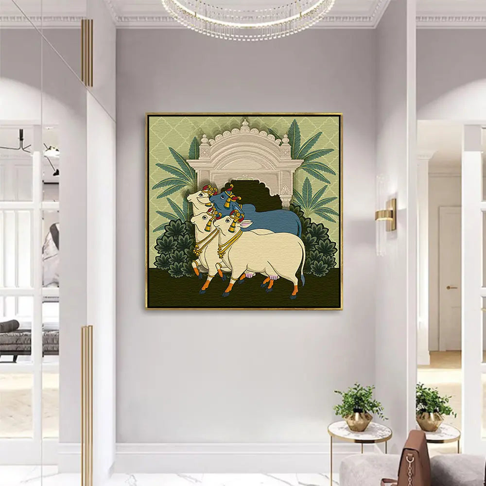 YF Group of Kamadhenu Cows Pichwai Canvas Painting
