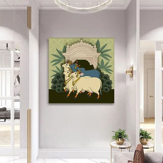 YF Group of Kamadhenu Cows Pichwai Canvas Painting