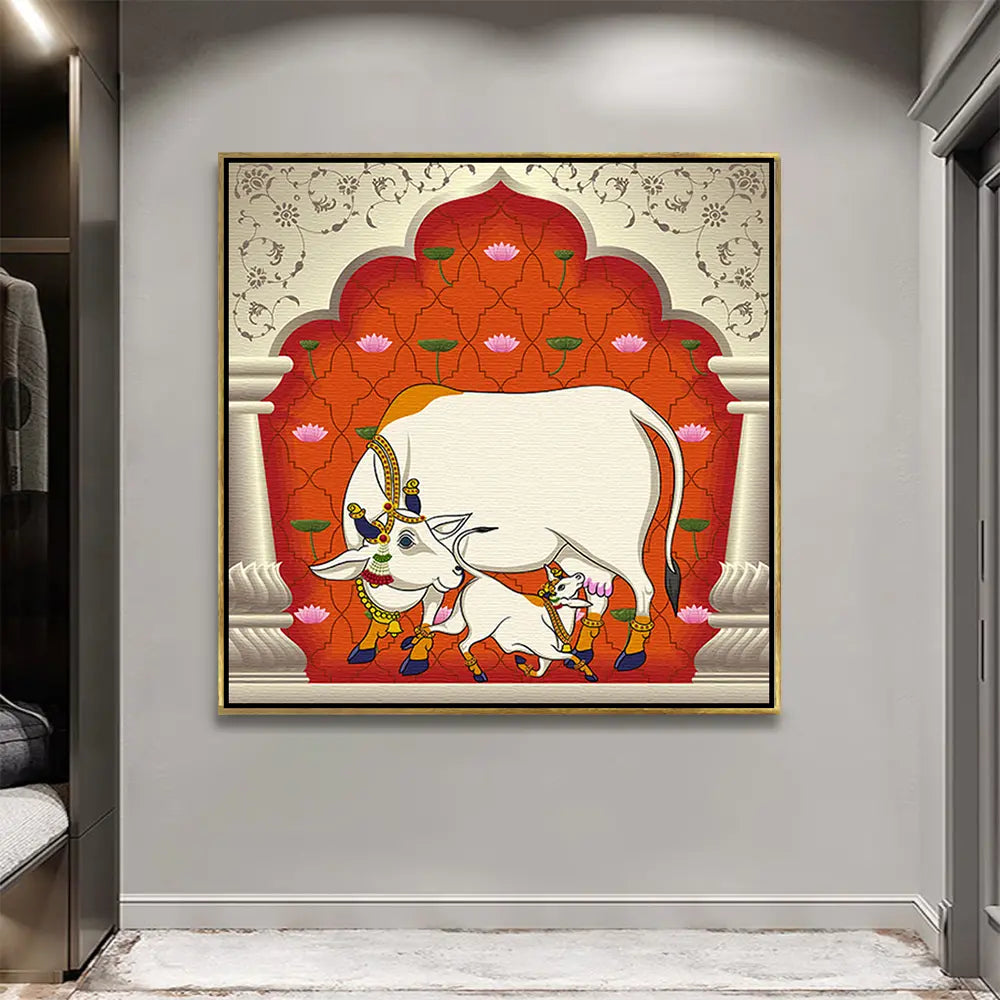 YF Auspicious Kamadhenu with Calf Pichwai Canvas Painting