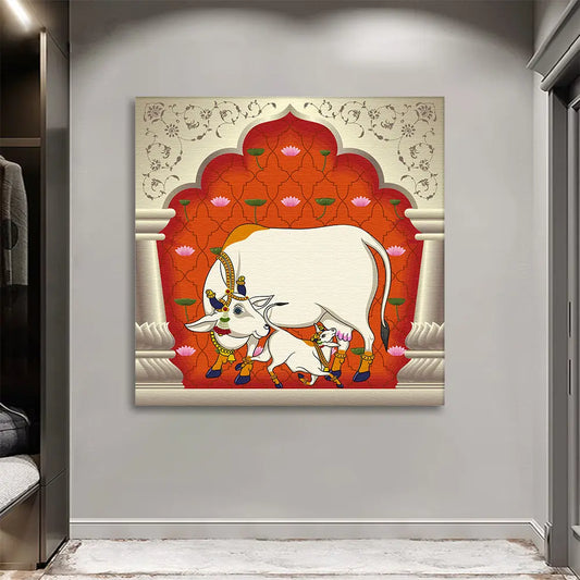 YF Auspicious Kamadhenu with Calf Pichwai Canvas Painting