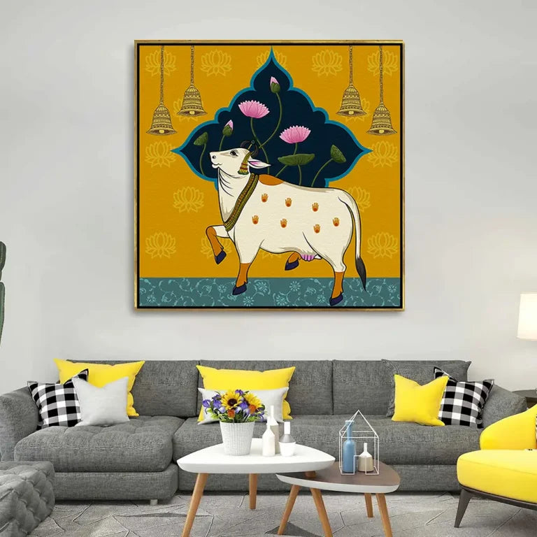 YF Lotus Background Modern Cow Pichwai Painting