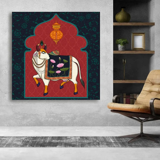 YF Kamadhenu with Peacock Feather Pichwai Painting