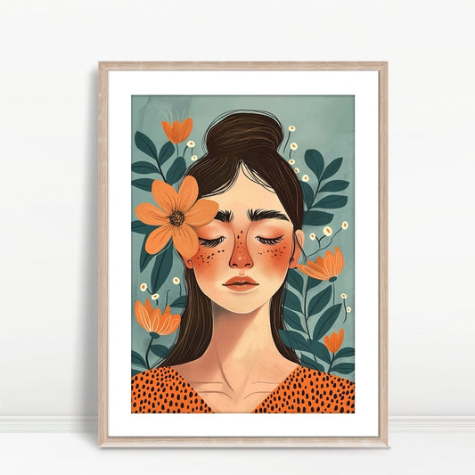 YF Woman with Orange Flowers Blue Background