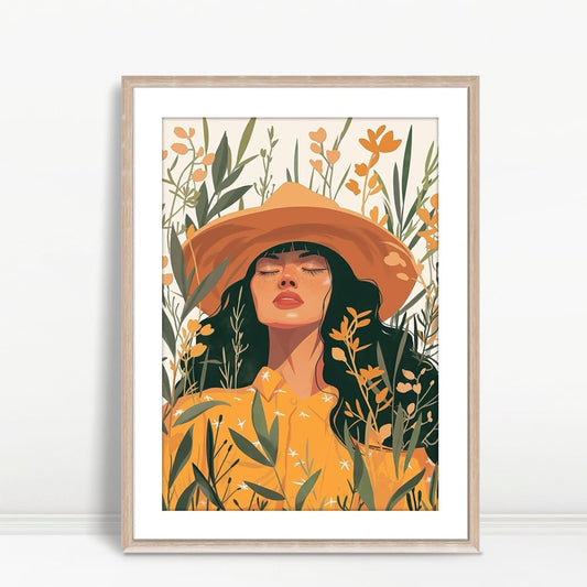 YF Woman in Yellow Hat Among Wildflowers