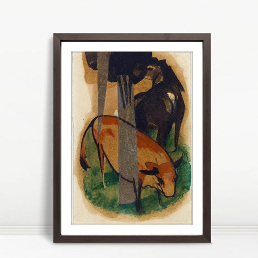 YF Grazing Cow And Horse In Abstract Forest