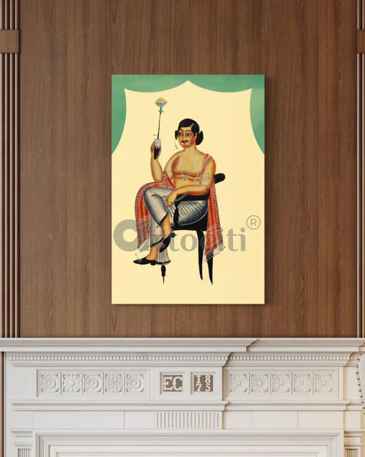 A Babu with a Hookah Kalighat Painting Canvas Giclee Print
