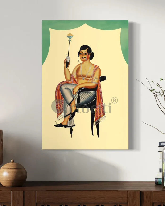 A Babu with a Hookah Kalighat Painting Canvas Giclee Print