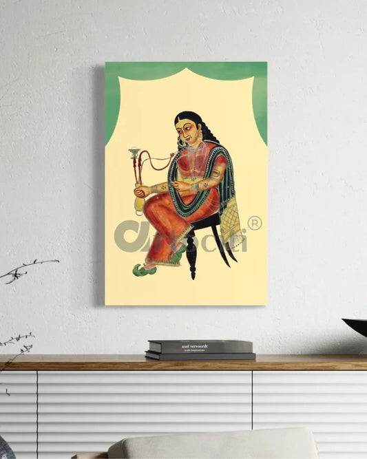 A Courtesan Smoking a Hookah Kalighat Painting Canvas Giclee Print