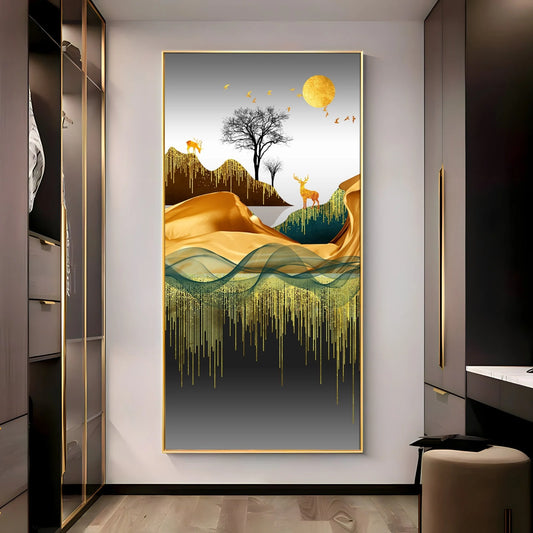 Abstract Deer Facing Sun Luxury Crystal Vertical Wall Art