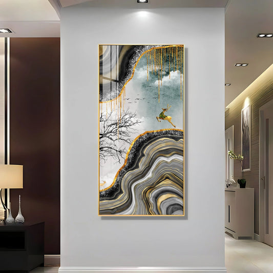 Abstract Golden Art Of Deer Luxury Crystal Vertical Wall Art
