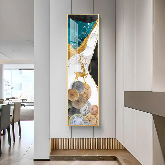 Abstract Golden Ginkgo Leaf With Deer Luxury Crystal Vertical Wall Art