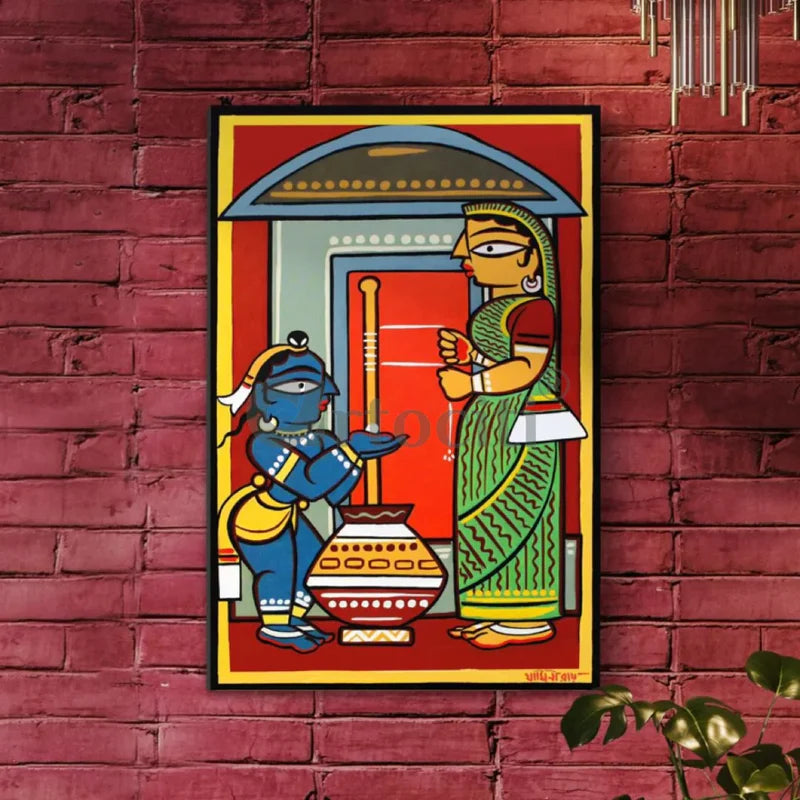 Bal Krishna With Yashoda by Jamini Roy Painting Canvas Giclee Print Kalighat Painting