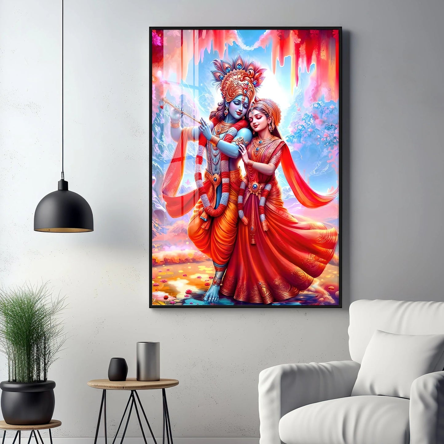 Beautiful Radha Krishna In Red Luxury Crystal Vertical Wall Art