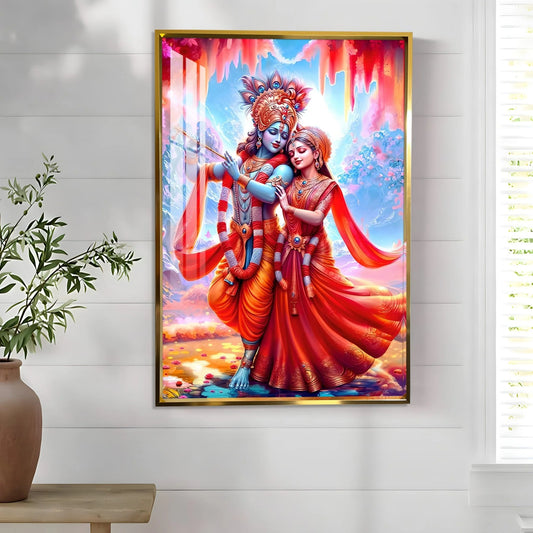 Beautiful Radha Krishna In Red Luxury Crystal Vertical Wall Art