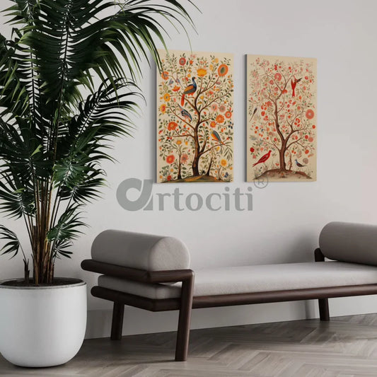 Bird & Tree Kalamkari Art Canvas Giclee Prints Set of 2
