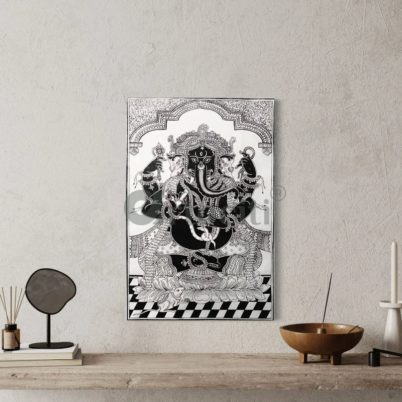 Black & White Ganesha Pattachitra Art Canvas Giclee Print