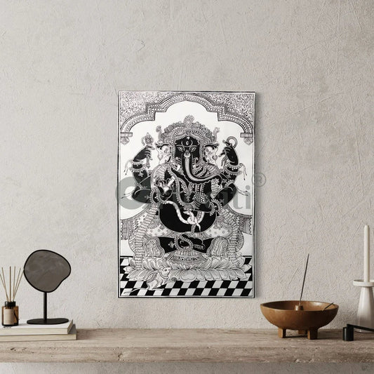 Black & White Ganesha Pattachitra Art Canvas Giclee Print