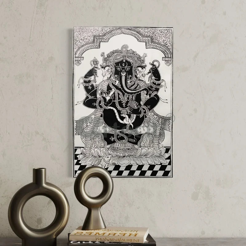 Black & White Ganesha Pattachitra Art Canvas Giclee Print