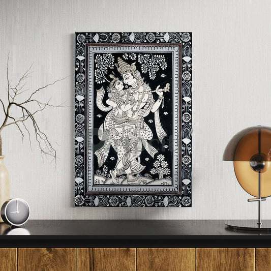 Black & White Radha Krishna Prem Milan Pattachitra Painting Canvas Giclee Print
