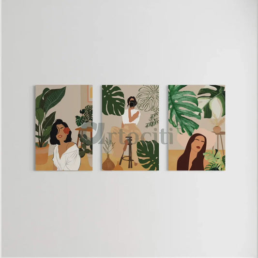 Boho Beauty 3 Ladies in Green Set of 3 Canvas Prints