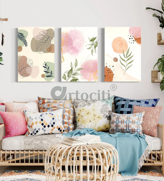Boho Chic Canvas Painting in Earthy Hued Toned Colors Set of 3