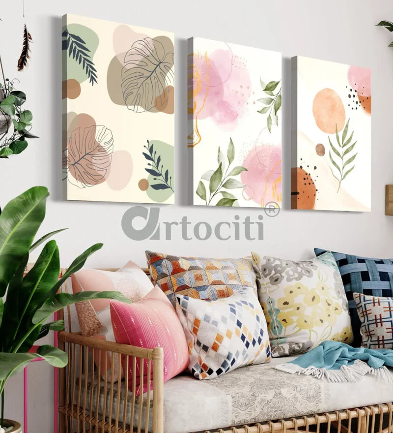 Boho Chic Canvas Painting in Earthy Hued Toned Colors Set of 3