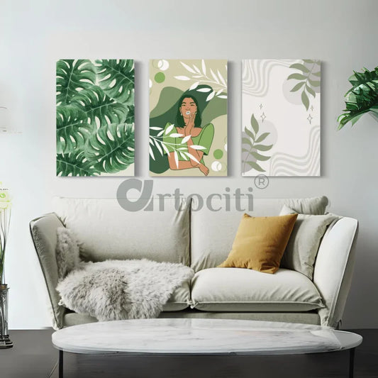Boho Chic Canvas Painting In Green Featuring a Lady (Set of 3)