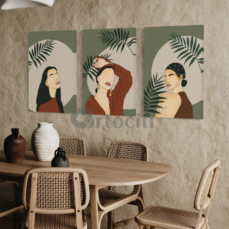 Boho Chic Trio: Set of 3 Abstract Ladies Modern Art Canvas Prints