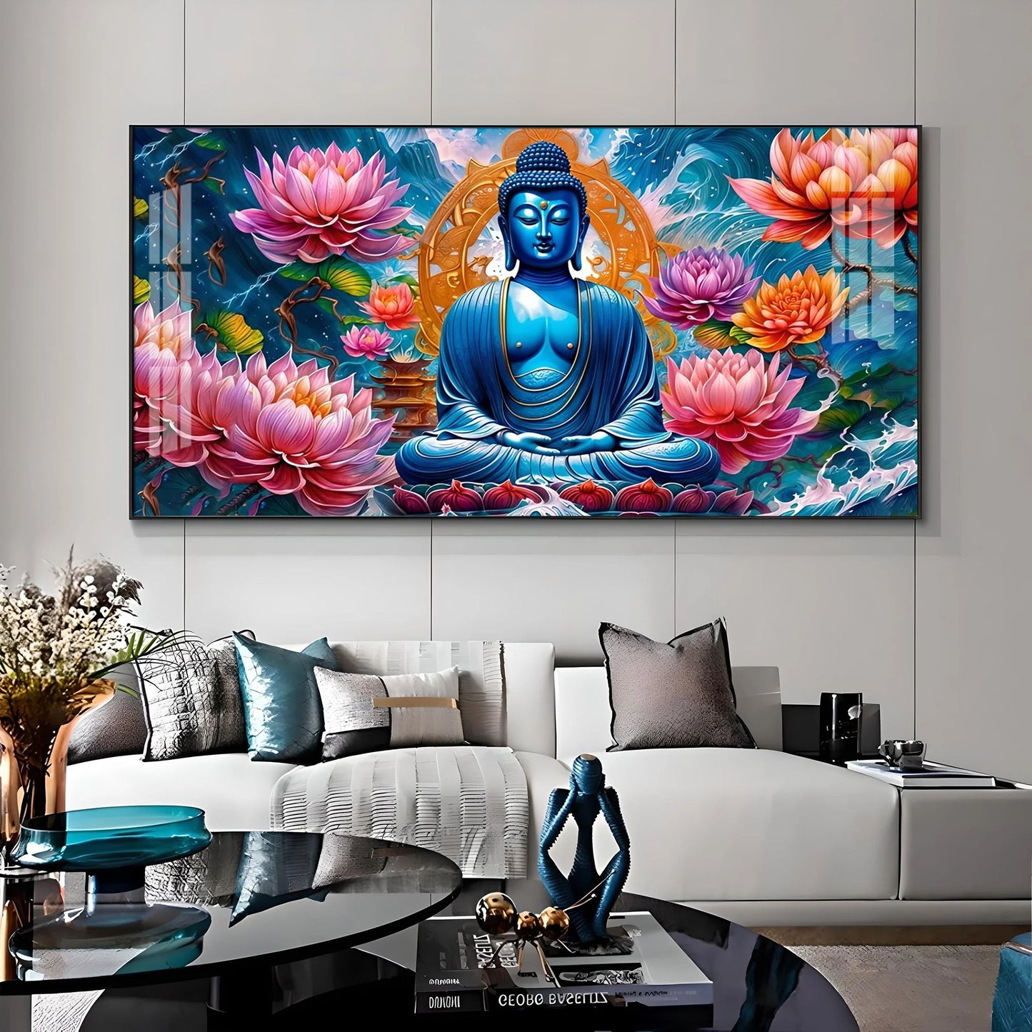 Buddha With Flower Luxury Crystal Horizontal Wall Art