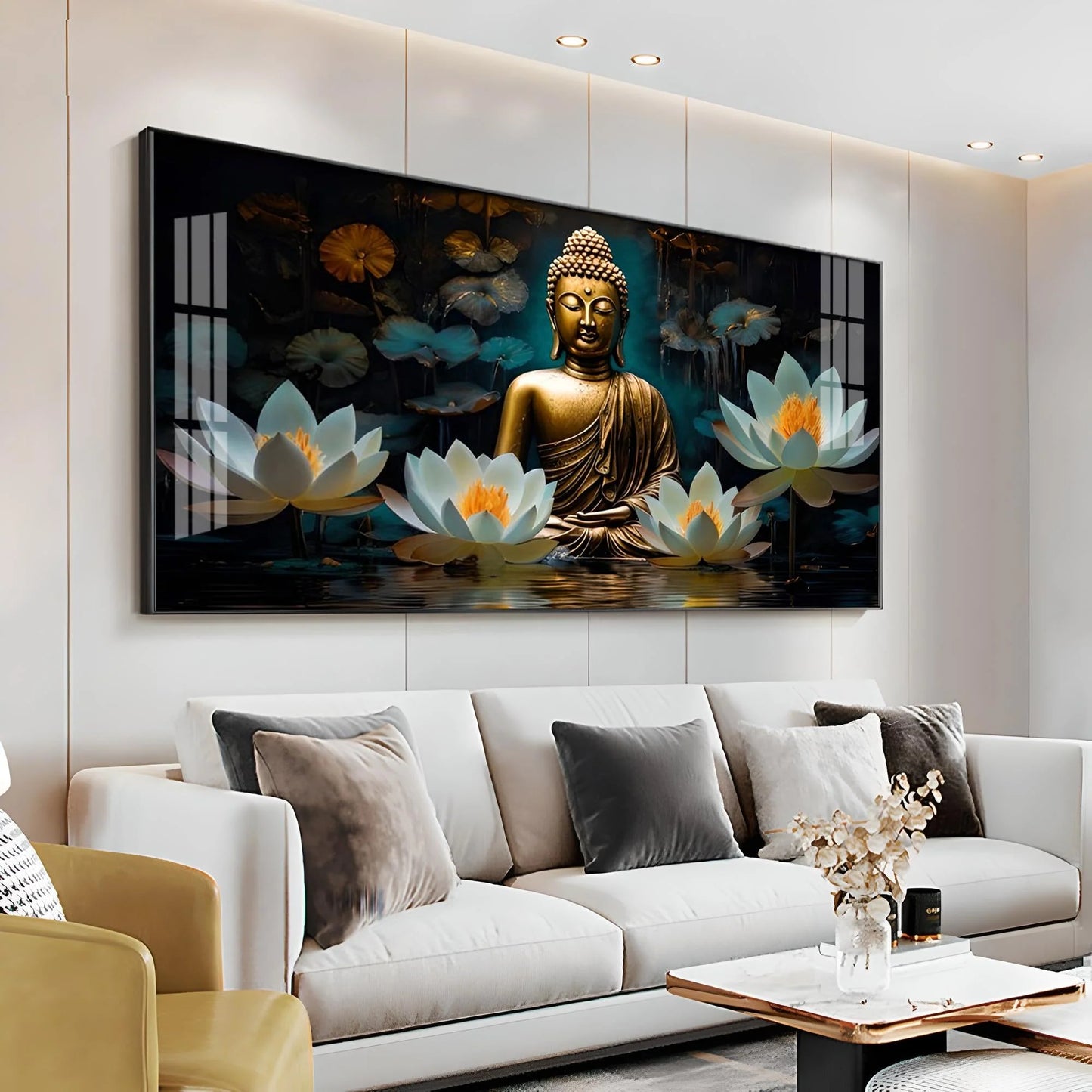 Buddha With White Lotus Luxury Crystal Horizontal Wall Art