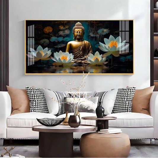 Buddha With White Lotus Luxury Crystal Horizontal Wall Art
