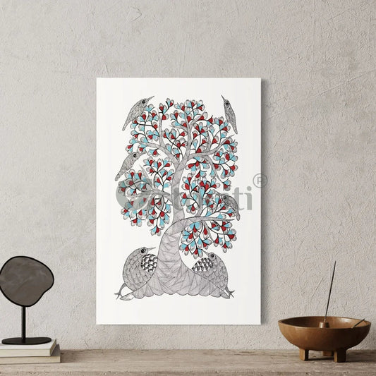 Carnival of Bird Sitting in Tree Gond Art Painting