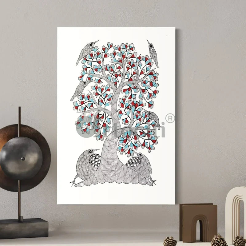 Carnival of Bird Sitting in Tree Gond Art Painting