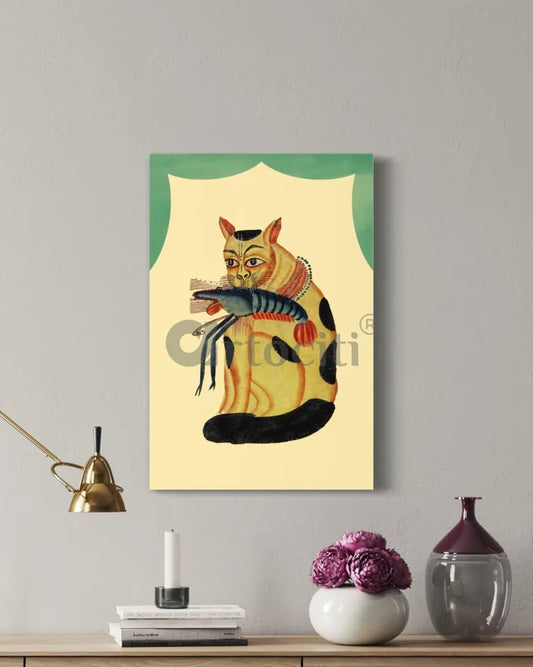 Cat with Vaishnavite Mark Stealing Crayfish Kalighat Painting Canvas Giclee Print