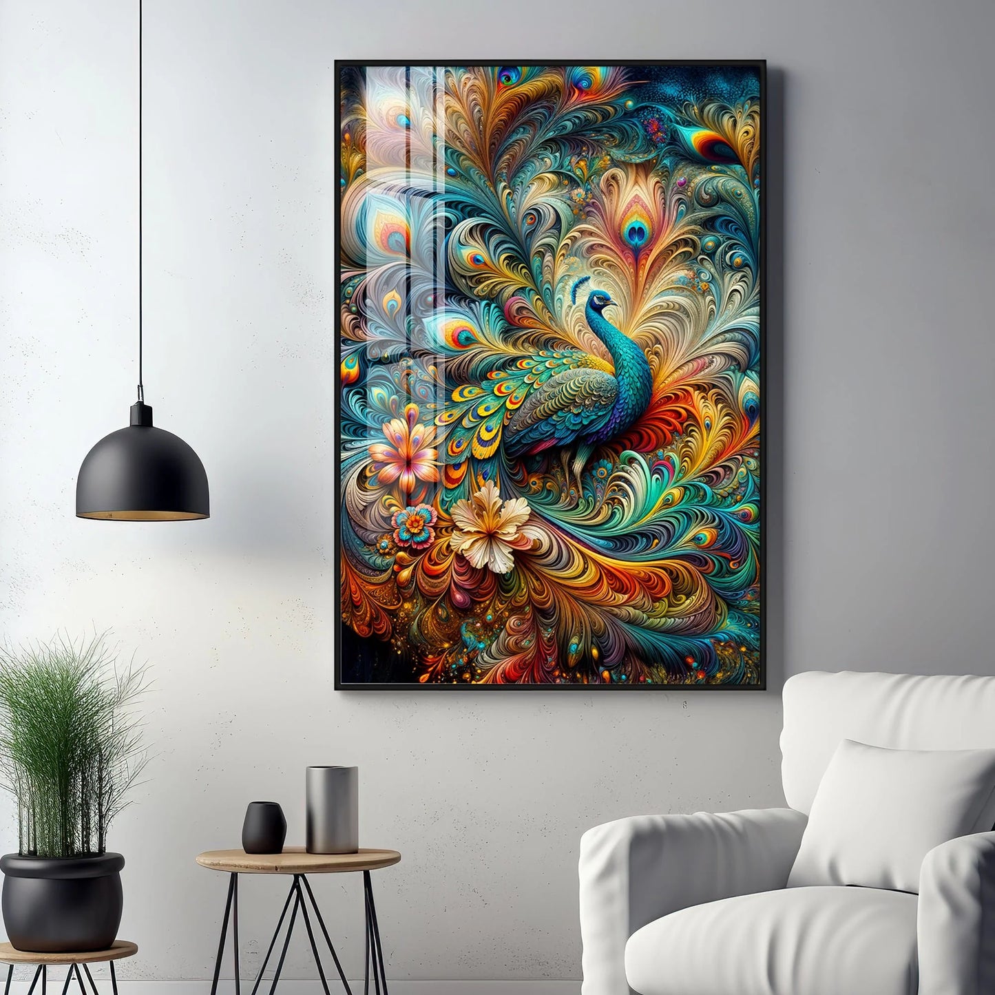 Chromatic Peacock Elegance Luxury Crystal Vertical Wall Art