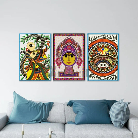 Colourful Madhubani Art Painting Canvas Painting (Set of 3)