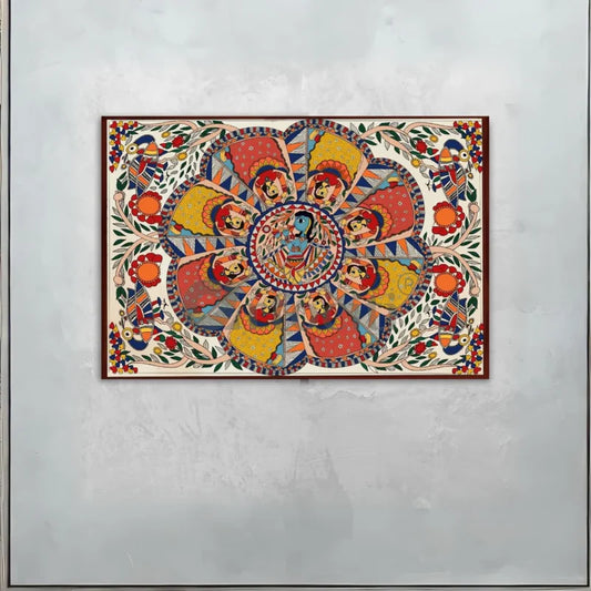 Colourful Madhubani Krishna Leela Canvas Painting