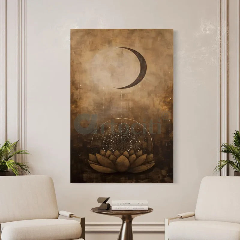 Crescent Moon & Lotus Canvas Giclée Print Modern Abstract painting