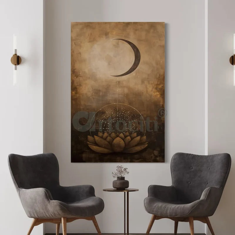 Crescent Moon & Lotus Canvas Giclée Print Modern Abstract painting