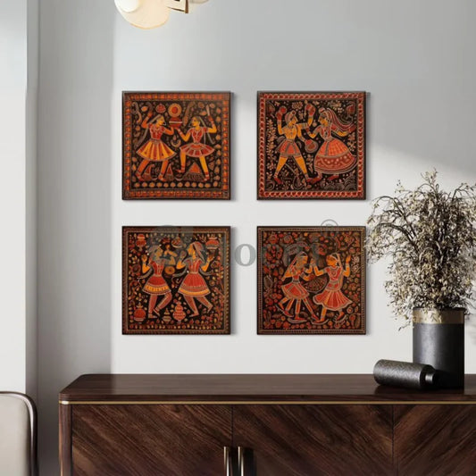 Dancing Couple Madhubani Art (Set of 4) Canvas Giclee Prints