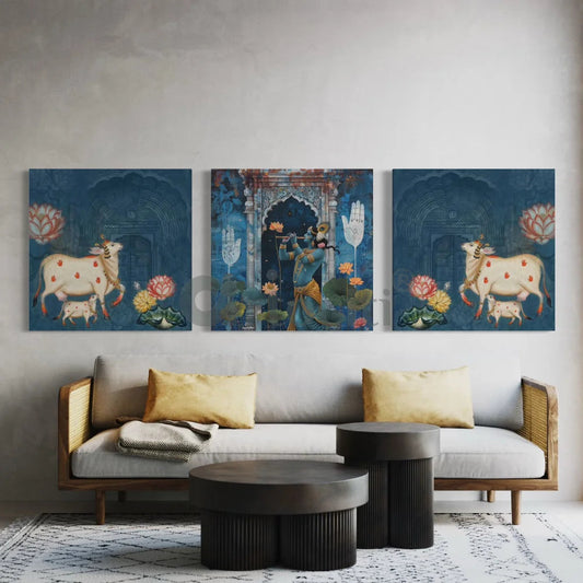 Divine Pichwai Trio: Krishna With Cows Pichwai (Set Of 3) Canvas Set