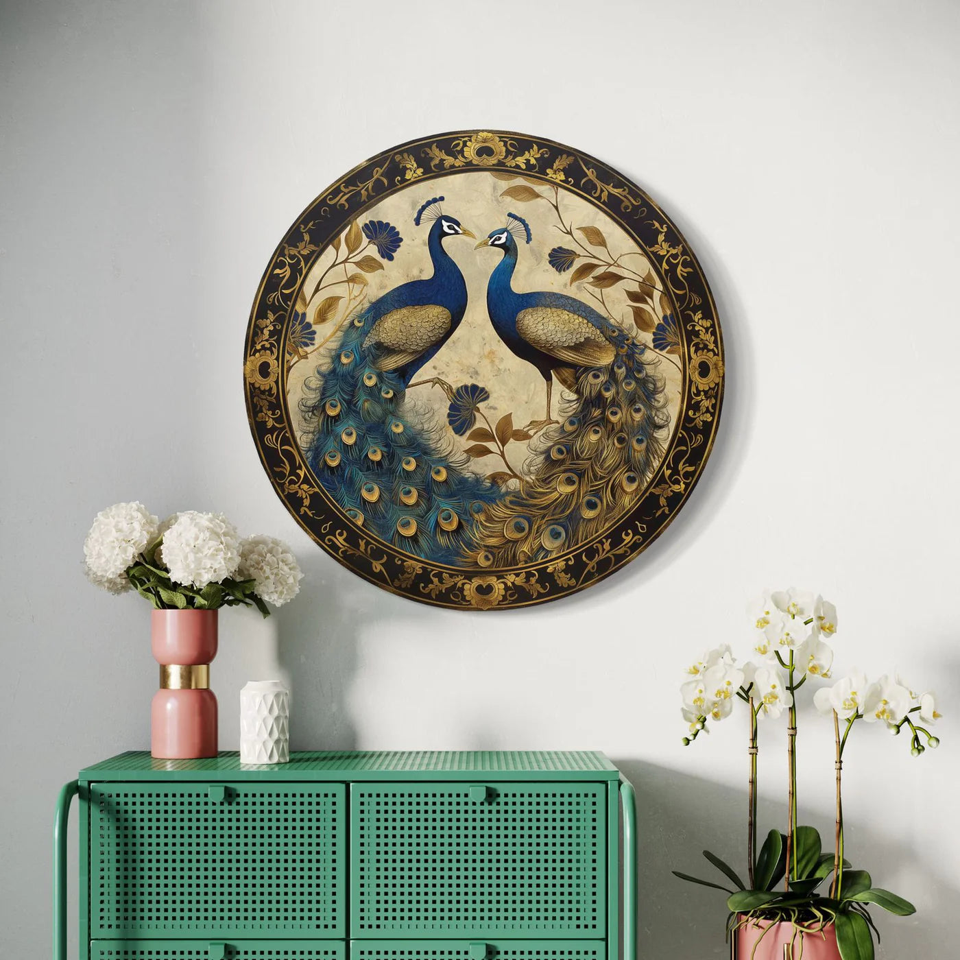 Round Duet Peacock Canvas Giclee Print Round Canvas Wall Art