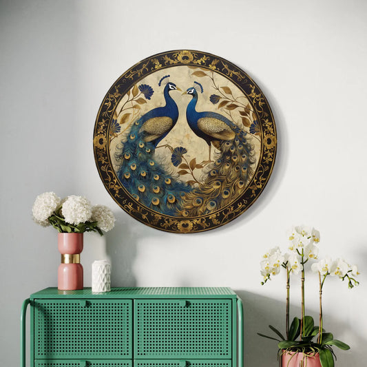 Round Duet Peacock Canvas Giclee Print Round Canvas Wall Art