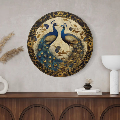 Round Duet Peacock Canvas Giclee Print Round Canvas Wall Art
