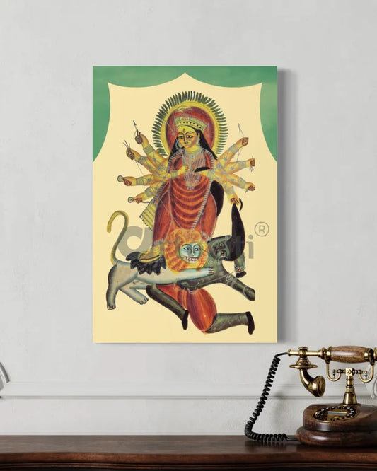Durga and Mahishasura Kalighat Painting Canvas Giclee Print