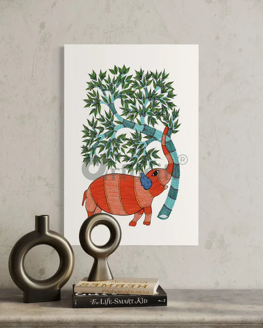Elephant with a Tree Gond Painting Canvas Giclee Print