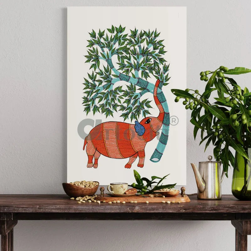 Elephant with a Tree Gond Painting Canvas Giclee Print
